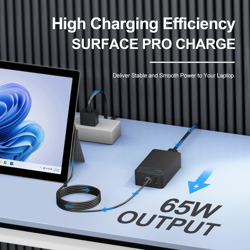 Surface Pro Charger 65W, Surface Laptop Charger for Microsoft Surface Pro 9/8/7+/7/6/5/4/3/X, Surface Laptop 5/4/3/2/1/Studio, Surface Book 2/1, Surface Go 3/2/1 with ft Power Cord