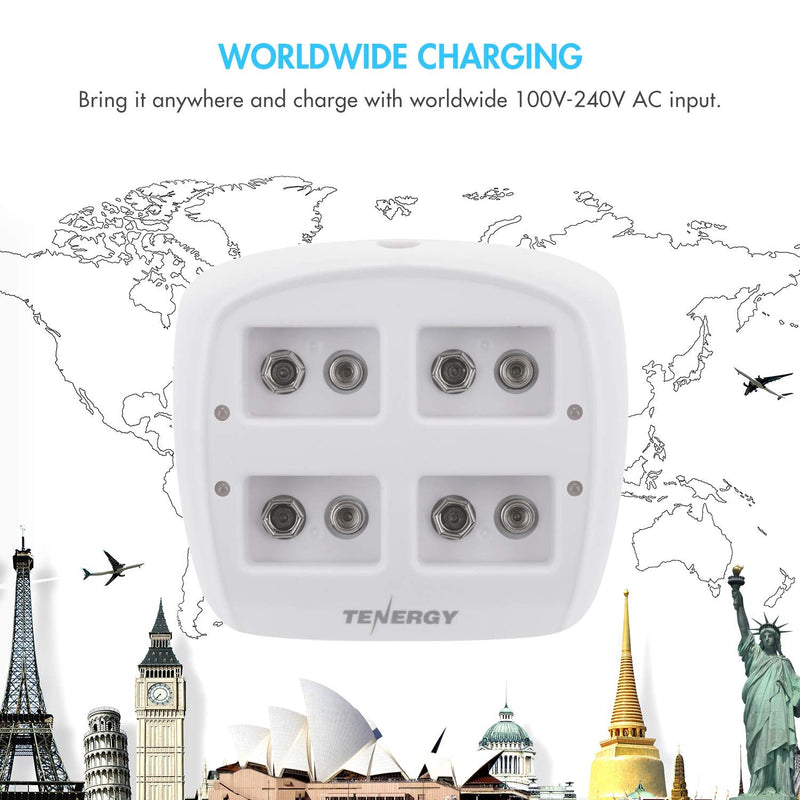 Tenergy TN136 4 Bay 9V Smart Charger with 4 Pieces Tenergy Premium 9V NiMH Rechargeable Batteries Charger + 4 Pc Premium Batteries