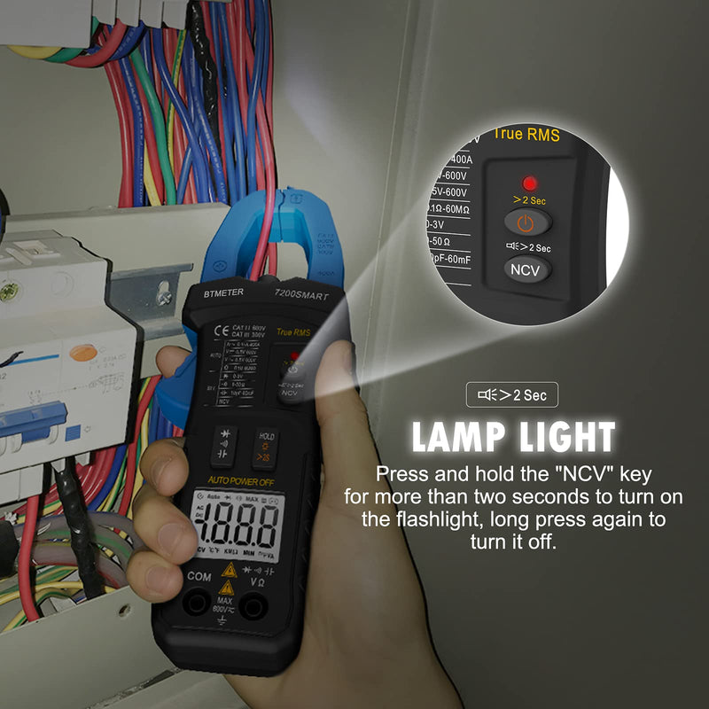 BTMETER Digital Clamp Multimeter BT-7200Smart,TRMS 6000 Counts Clamp-on Avometer AC&DC Voltage Current DMM Test Meter,Auto Range Ammeter Measure Resistance Capacitance Diode Continuity NCV with Lamp