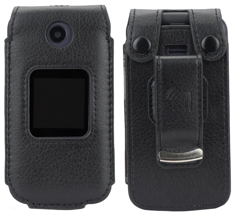 Case for Alcatel Go Flip 4 / TCL Flip Pro Phone, Nakedcellphone [Black Vegan Leather] Form-Fit Cover with [Built-in Screen Protection] and [Metal Belt Clip]