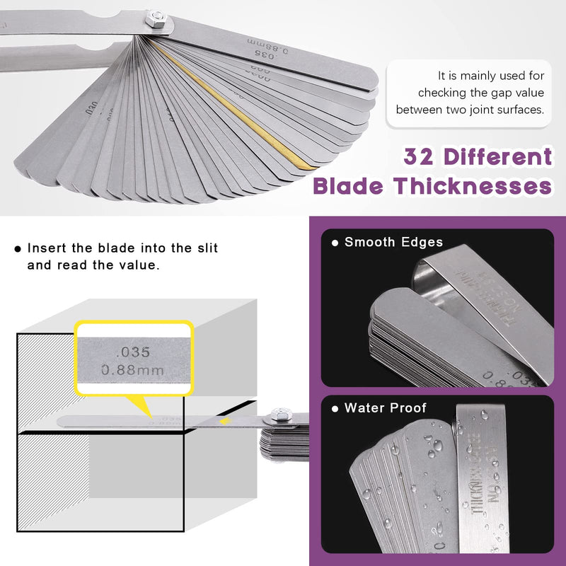 Swpeet 6Pcs 5 Sizes R0.3-1.5/ R1-6.5/ R7-14.5/ R15-25/ R26-80 Stainless Steel Radius Gauge with Feeler Gauge Kit, 5 Sizes Metric and Imperial Arc Fillet Concave Convex Gap Measuring Tool