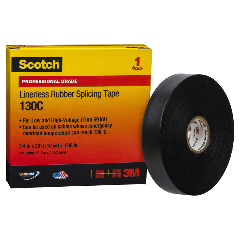 Scotch Linerless Rubber Splicing Tape 130C, 3/4 in x 30 ft, 1 roll/carton, Black