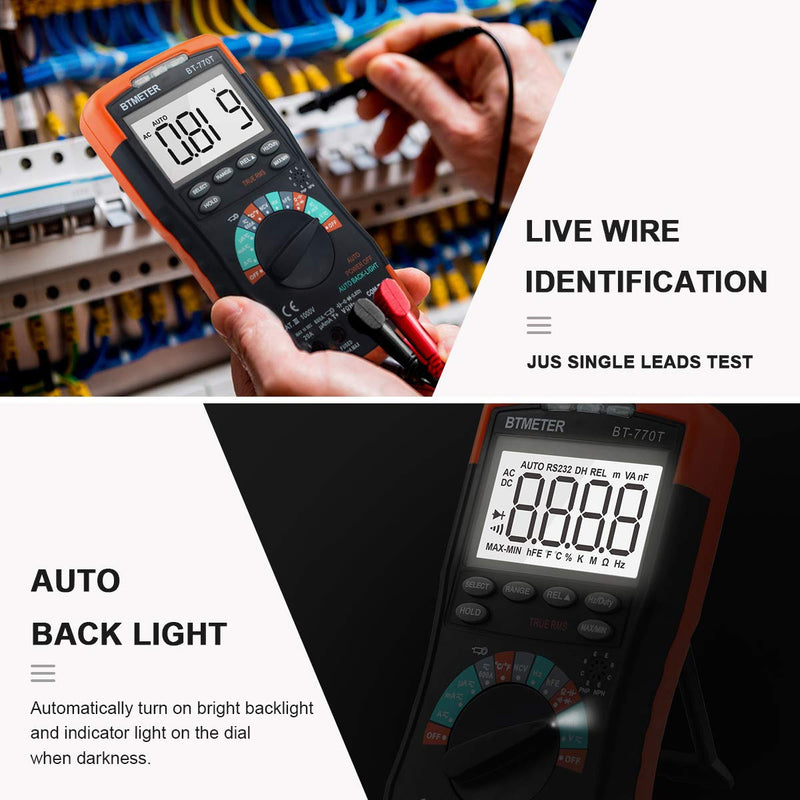True RMS Digital Multimeter Tester 6000 Counts AC DC 20A Ohmmeter Voltmeter DMM Measure Voltage Current Amp Resistance Diodes Continuity Duty-Cycle Capacitance Temperature (BTMETER BT-770T) BT-770T Auto Ranging