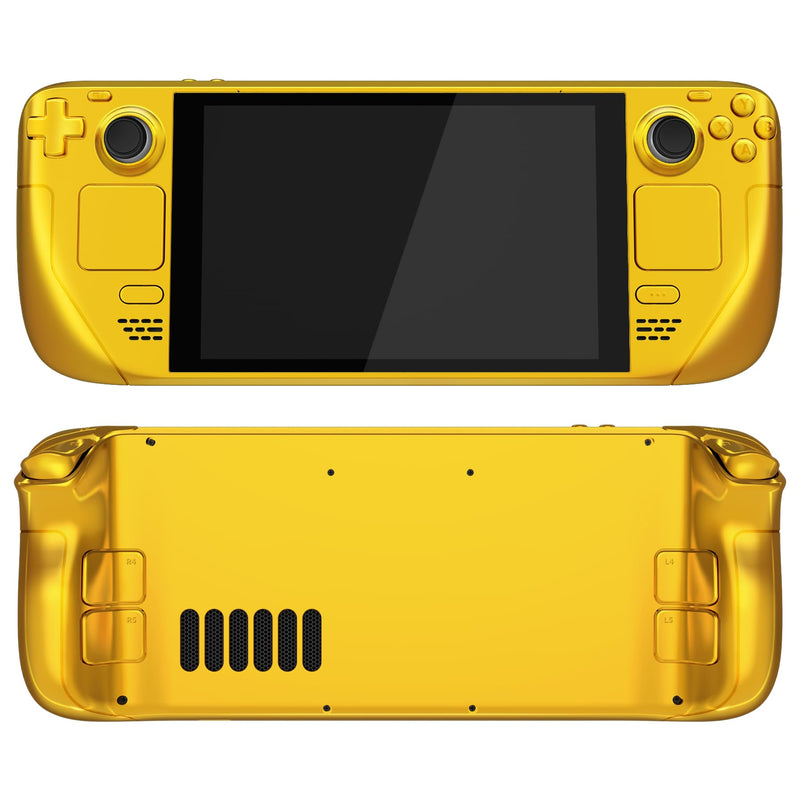 eXtremeRate Chrome Gold Custom Glossy Faceplate Back Plate Shell for Steam Deck, Handheld Console Replacement Housing Case, DIY Full Set Shell w/Buttons for Steam Deck Console - Console NOT Included