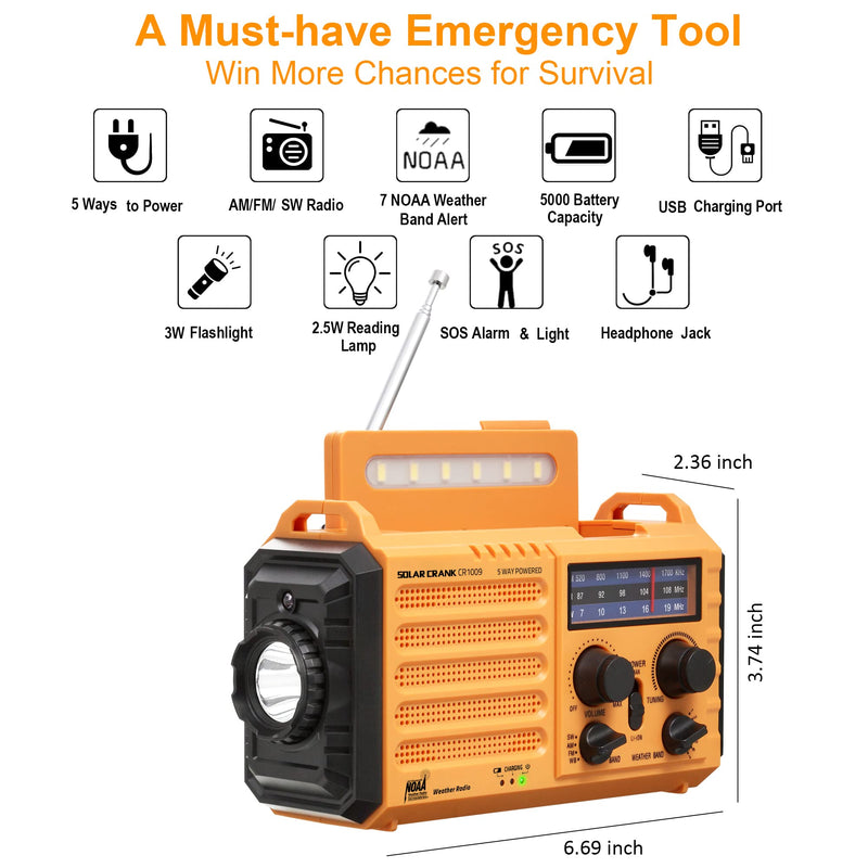 Emergency Radio 5-ways Powered Crank Solar Battery Operated Portable AM FM SW NOAA Weather Alert Radio with USB Charger,Camping Flashlight,Lamp,Headphone Jack,Compass,SOS Alarm,Best Survival Equipment Orange