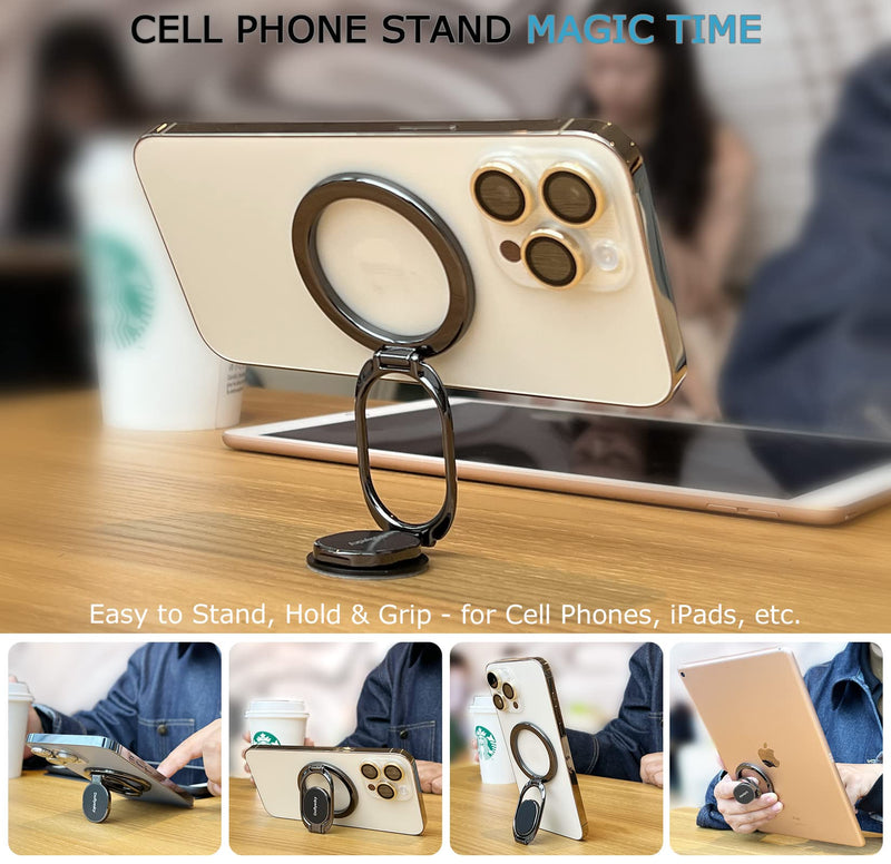 Magnetic Phone Ring Holder with Magsafe, Double Adjustable Gym Finger Ring Grip and Stand, Removable Phone Grip, for iPhone, iPad and Smartphones, Compatible with Magnetic Car Mount (Gun Black)