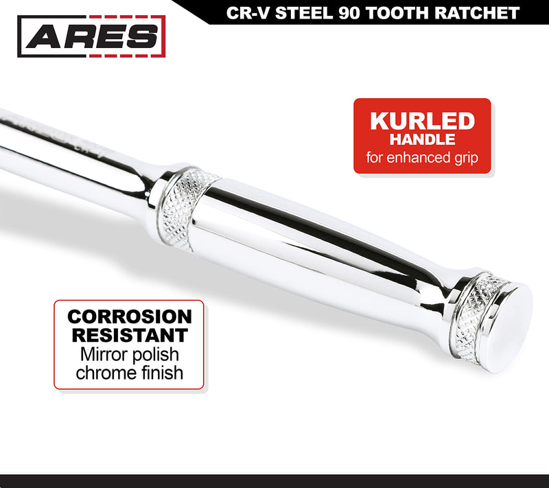 ARES 42047-1/2-Inch Drive 90-Tooth Ratchet - Premium Chrome Vanadium Steel Construction & Mirror Polish Finish - Quick Release for Easy Socket Change - 90-Tooth Reversible Design with 4 Degree Swing 1/2-Inch Drive