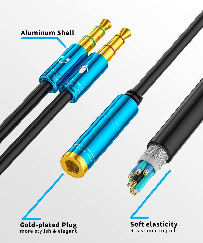 Headset Splitter Cable for PC 3.5mm Jack Headphones Adapter Headphone/Microphone Convertors for Computer 3.5mm Female to 2 Dual 3.5mm Male Earphone Y Splitter Light blue