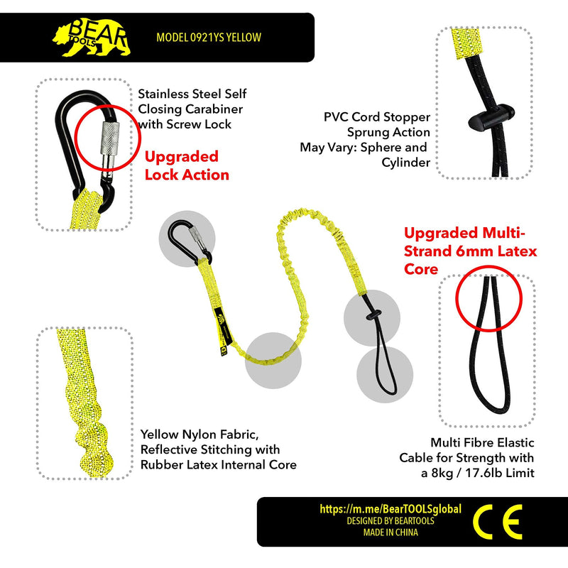 BearTOOLS Tool Lanyard with Buckle Strap – Clip Bungee Cord – Heavy Duty Screw Locking Carabiner – Fall Protection and Safety – Adjustable Loop End – Tough Tether – Construction - 0923YS (3 Pack) 3 Pack