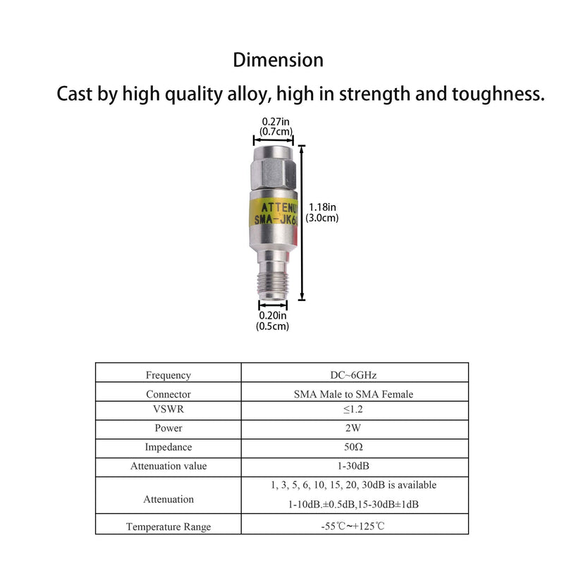 ZDTECH SMA Male to SMA Female Coaxial RF Attenuator, DC to 6.0GHz,50Ohm,2W,1-30dB Constant Attenuator（20dB） 20dB