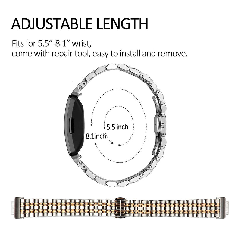 Chofit Metal Bracelet Compatible with Fitbit Inspire/ Inspire HR/Inspire 2 Bands, Stainless Steel Replacement Strap Wristband Accessories for InspireTracker for Women (Silver-Gold) Silver-Gold