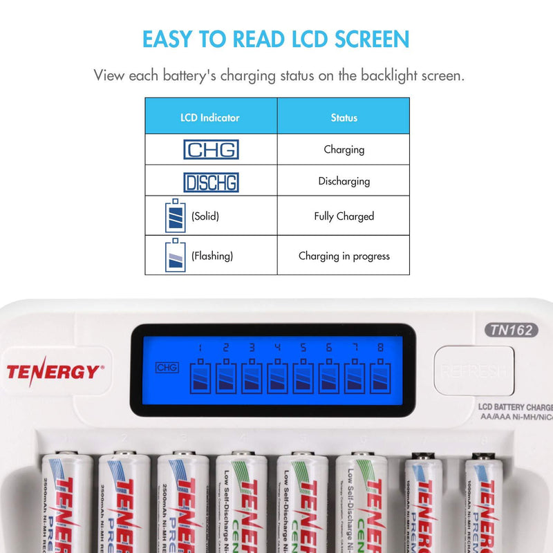 Tenergy TN162 8-Bay Smart LCD Battery Charger for Rechargeable AA/AAA NiMH/NiCd Batteries