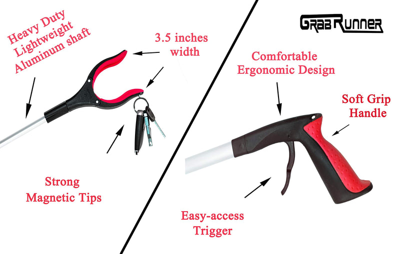 2- Pack GrabRunner Reacher Grabber Tool with Strong Magnetic for Elderly 32 inch Folding Reacher Tool with Long Reach Arm Extender (Blue/Red)