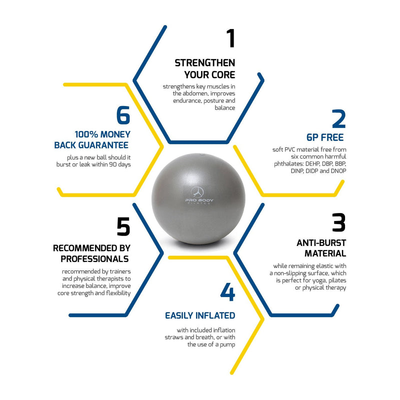 ProBody Pilates Mini Exercise Ball with Pump - 9 Inch Small Bender Ball for Stability, Barre, Pilates, Yoga, Balance, Core Training, Stretching and Physical Therapy with Workout Guide Silver