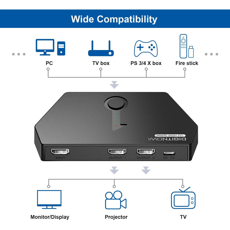 DIGITNOW HDMI Splitter 1 in 2 Out, 4K HDMI Ver1.4 HDCP, Powered HDMI Splitter Supports 3D 4K@30HZ Full HD1080P for Xbox PS4 DVD Players Apple TV Blu-Ray Player Fire Stick