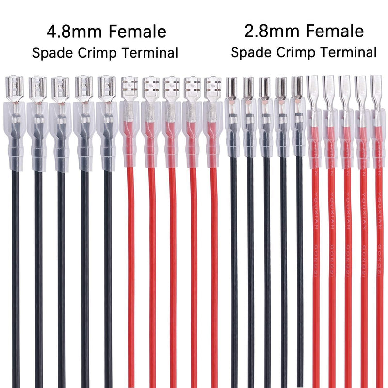 Twidec/20Pcs 2.8mm and 4.8mm Female Spade Crimp Terminal with Insulating Sleeve and Wire Red + Black Female Spade Quick Splice Assortment Kit 2.8mm+4.8mm