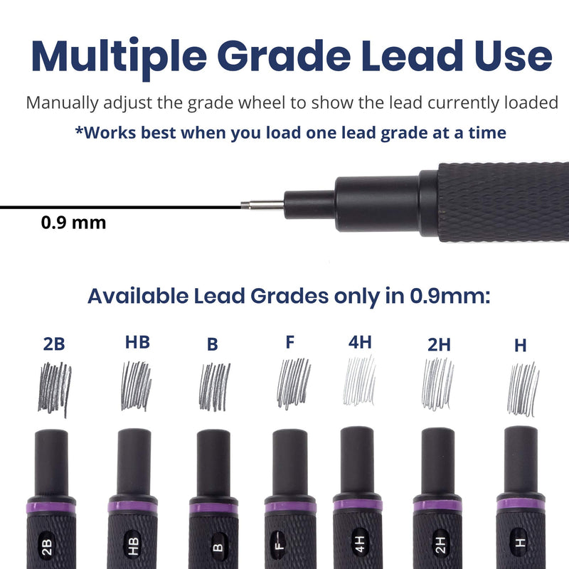 Pacific Arc Chromagraph Metal Mechanical Pencil .9 mm Black Barrel Mechanical Pencil with Built In Adjustable Pencil Grade, Lead Pencil Holder for Drafting, Sketching, and Drawing 0.9