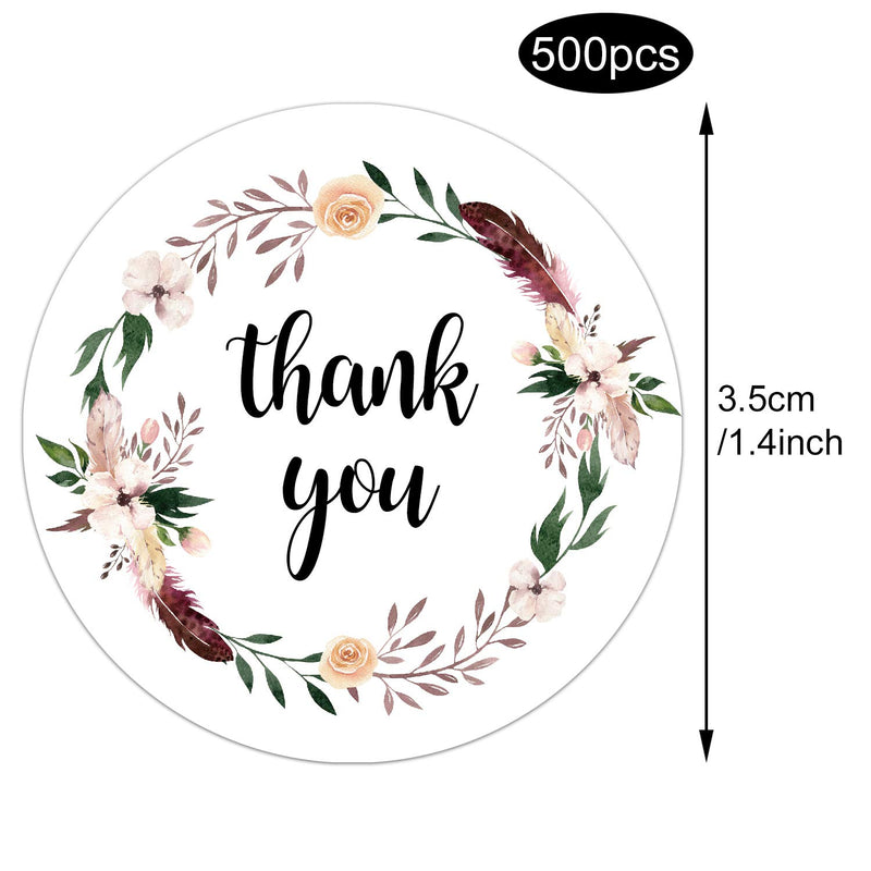 Thank You Stickers, Bohemian Feather Thank You Label Stickers, Chic Floral Label Stickers for Wedding, Company, Small Business, 6 Different Designs, 1.4 Inch, 500 Per Roll.