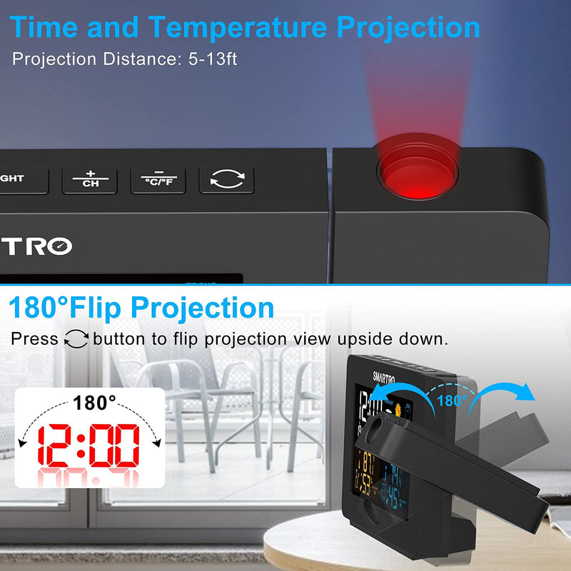 SMARTRO SC91 Projection Alarm Clock for Bedrooms with Weather Station, Wireless Indoor Outdoor Thermometer, Temperature Humidity Monitor Gauge Hygrometer