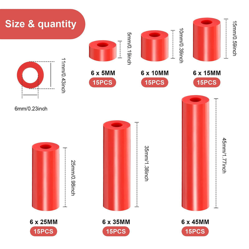 120 Pieces Outlet Screw Spacers Rubber Round Spacer for Electrical Screws Switch and Receptacle, 6 mm Inner Diameter, 6 Different Length (Red) Red