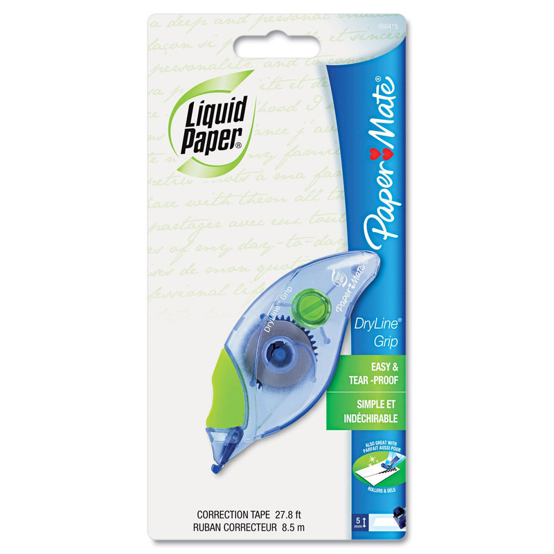 Paper Mate 660415 Liquid Paper DryLine Grip Correction Tape Dispenser, Pack of 4; Transparent Green Body; 1/5 inches Wide x 27.8 feet Long White Tape; Applies Dry, Rewrite Instantly; Swivel Tip