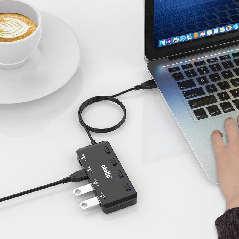 USB Hub, 4-Port USB 3.0 Hub Splitter with 2 ft Extended Cable, Ultra Slim Data USB Extender with Individual Power Switches and LED