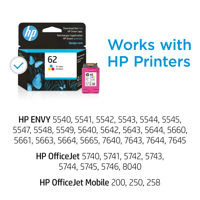 Original HP 62 Tri-color Ink Cartridge | Works with HP ENVY 5540, 5640, 5660, 7640 Series, HP OfficeJet 5740, 8040 Series, HP OfficeJet Mobile 200, 250 Series | Eligible for Instant Ink | C2P06AN