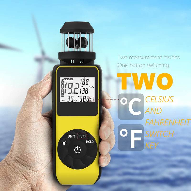 Digital Anemometer Anemometer Handheld with Wind Cup Anemometer Portable GR-881M Speed Meter with Compass and Temp(℃/℉) Measuring Air Speed Air Volume for Boat Sailing, Shooting 881M(Yellow)