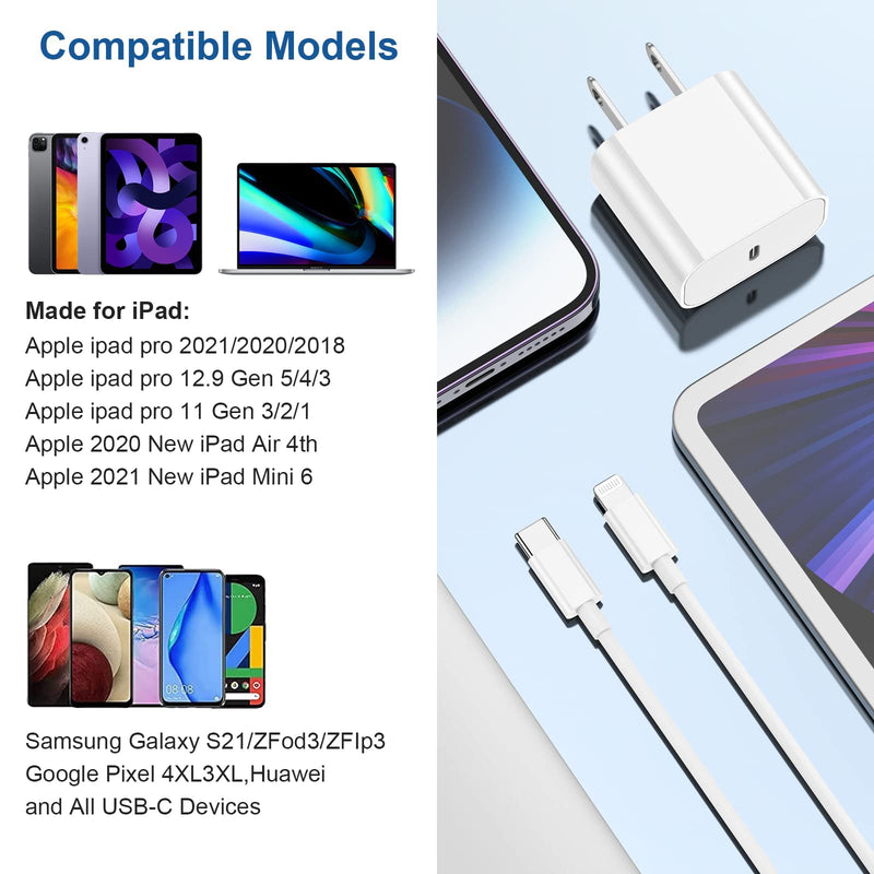 20W iPad Pro Fast Charger and 10ft USB C to C Charging Cable Cord Long for 2022/2021/2020/2018 iPad Pro 12.9/11/10.9 inch 5/4/3/2/1th Generation,iPad Air 5/4th,iPad Mini 6 Gen,iPad Wall Charger Block 2Pack 20W ipad charger with cable 10ft
