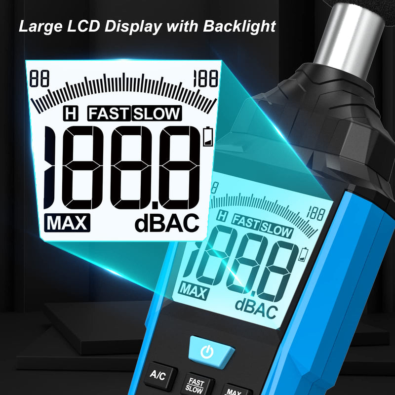 Decibel meter, MESTEK sound level meter, portable db meter, 30 dB to 130 dB, A/C weighted LCD display, can be used in private households, factories and streets