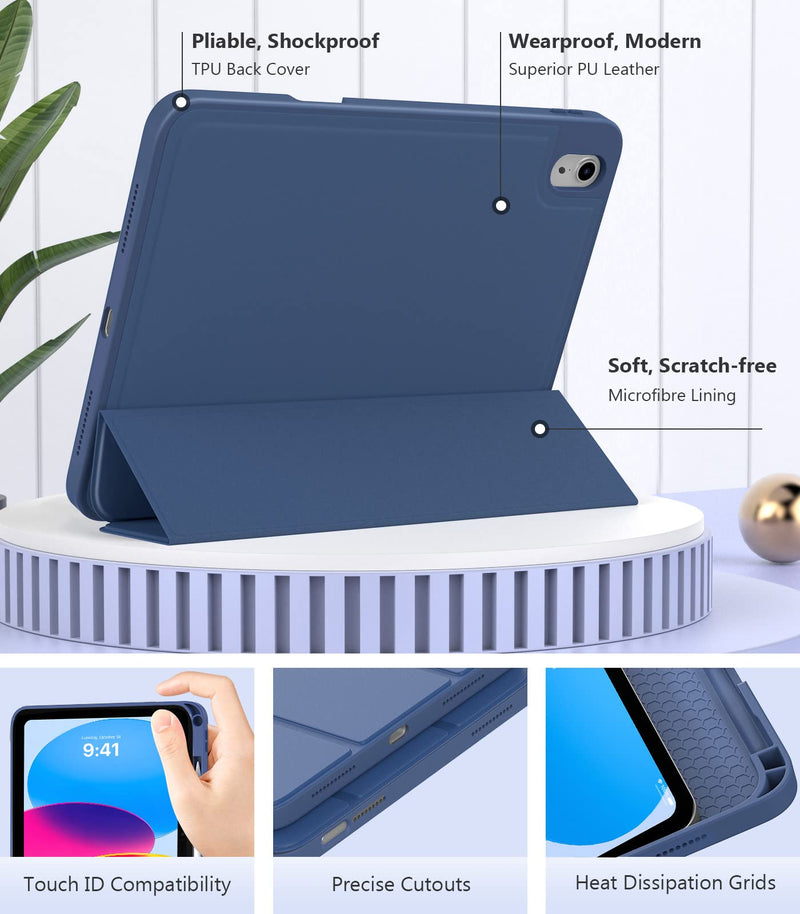 MoKo iPad 10th Generation Case with Pencil Holder iPad 10.9 Inch Case 2022, Soft TPU Smart Stand Back Cover Case for iPad 10th Generation, Support Touch ID&Auto Wake/Sleep, Navy Blue