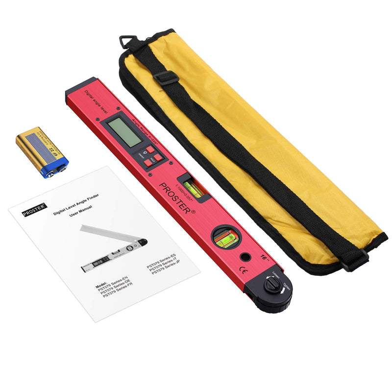 Proster Digital Protractor 0-225 ° Digital Protractor with Spirit Level and LCD Illumination 400 mm / 16 Inch Angle Measuring Device with Battery and Bag for Roofing Technology - Red Red