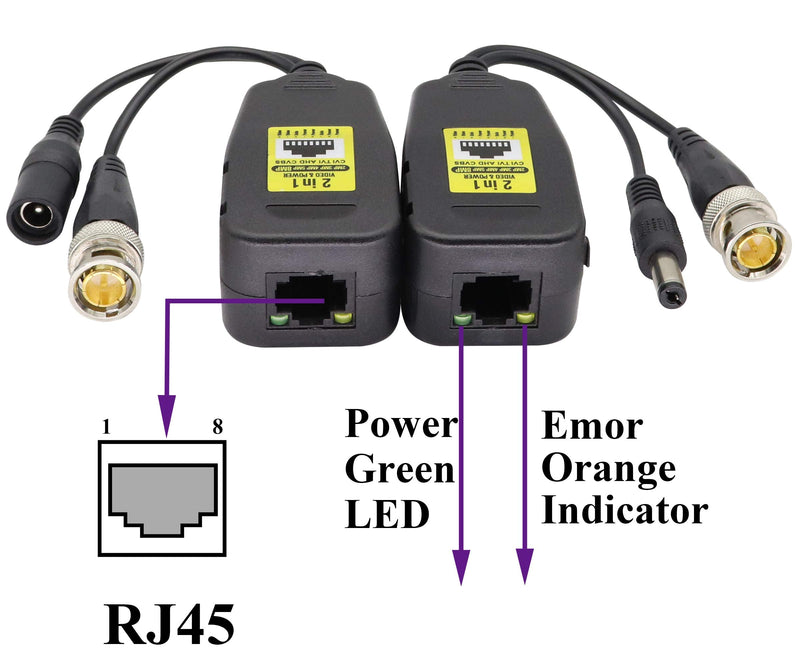 AAOTOKK Power Video Balun DC BNC to Cat5 RJ45 Network Transceiver HD-CVI/TVI/AHD/CVBS with DC Connector for 720P 960P 1080P 3MP 4MP 5MP 8MP CCTV Security DVR Surveillance Camera System(18cm-4Pairs) 4Pairs