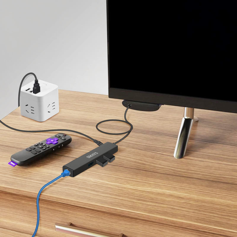Ethernet Adapter Replacement for Roku Express 4K+ 2021 Streaming Media Player - with Micro USB OTG Cable to 3 USB Hub Black