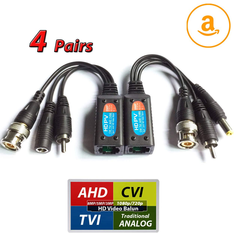 Evertech 8 Megapixel HD Video Balun Transceiver CCTV via UTP Cable Passive Video Power and Audio/Data Connector RJ45 Cat5 Cat6 Data Transmitter 8MP (4 Pairs)