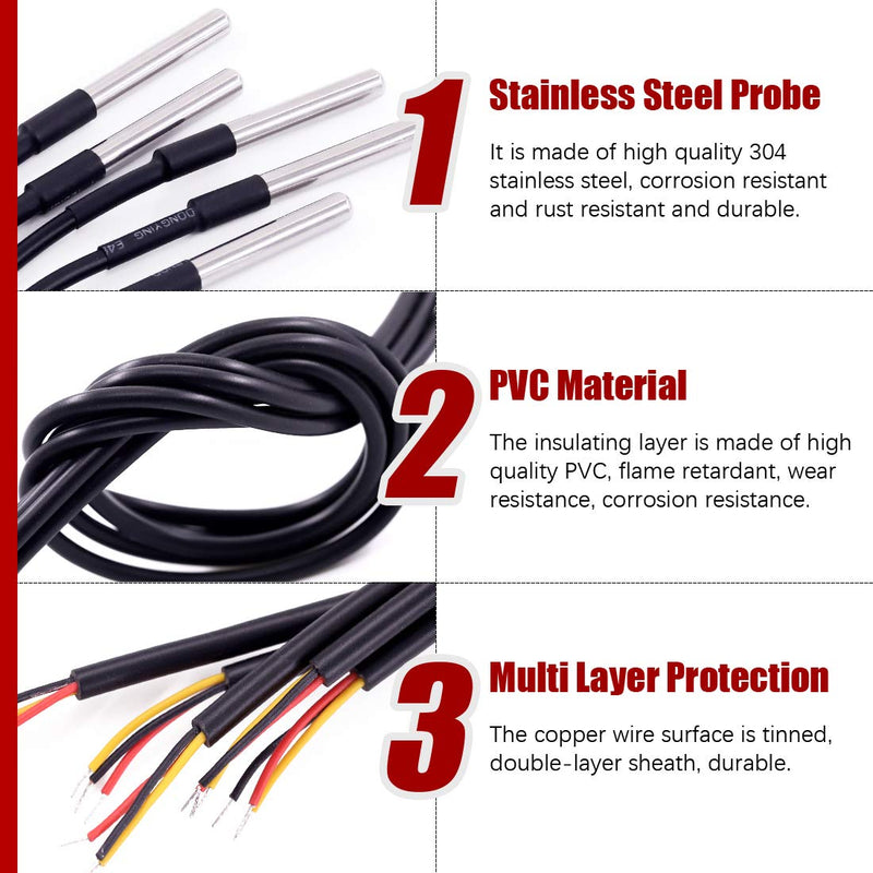Hilitchi 3m/9.8ft DS18B20 Waterproof Temperature Sensors Digital Temp Probe (Pack of 5pcs)