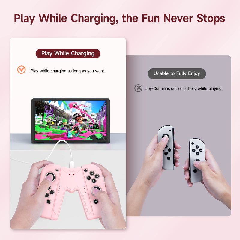 JINGDU Switch Joy-Con Charging Grip Compatible with Nintendo Switch Standard & OLED Model, V-Shaped Switch Joy-Con Controller Charger with Indicators, Play While Charging, Pink