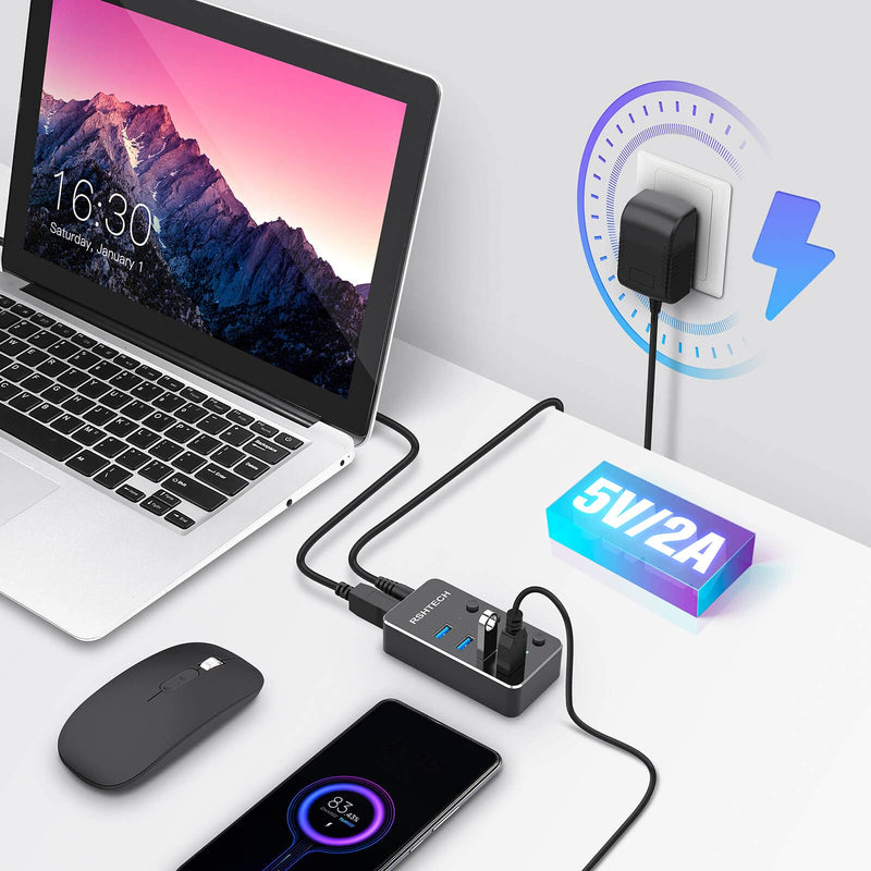USB 3.0 Hub RSHTECH 4 Port Powered USB 3.0/USB C Hub Upgraded Version with 2-in-1 3.3ft USB Cable,5V Power Adapter and Individual Switches, Portable Aluminum USB Splitter for Laptop and PC, RSH-ST04 4-Port USB hub