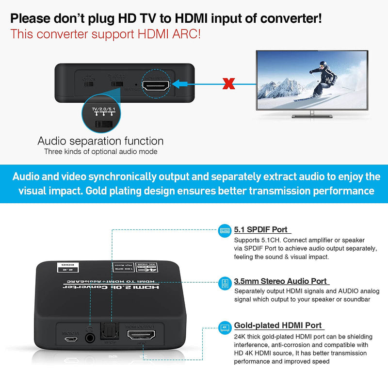 avedio links 4K@60Hz HDMI 2.0b Audio Extractor Splitter Converter, HDMI to HDMI + Optical Toslink SPDIF + 3.5mm Stereo Analog Audio, HDMI Audio Embedder Inserter for PS5,Xbox, Optical Fiber Included