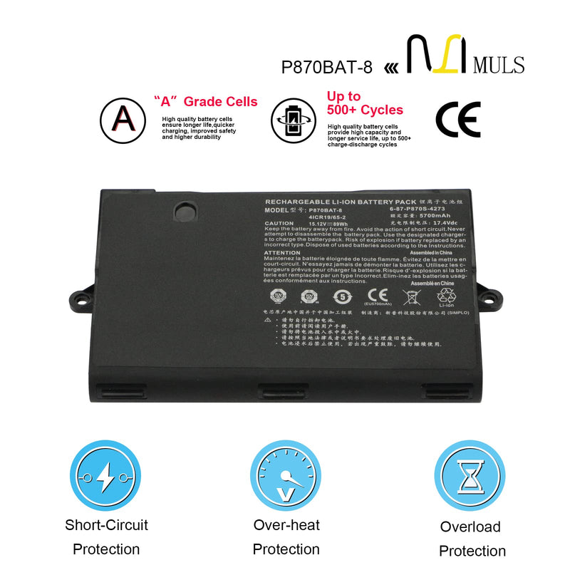 MULS 89Wh P870BAT-8 Laptop Battery for Clevo P870TM-G P870DM3-G P775DM3 Schenker Technologies XMG U727 U726 Sager NP9870-S NP9870 Hasee GX9-SP7S1 GX9 Plus Eurocom XMG U727 Sky X9E3 Sky X7E2 15.12V