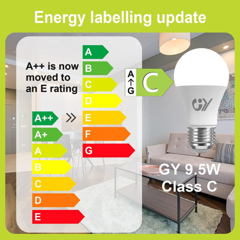 GY E27 LED warm white lamp 9.5W 3000K 1521 lumens warm white bulb, A60 energy saving lamp replaces 100W halogen lamp, non-dimmable LED bulbs, 2 pieces [energy efficiency class C] A60-9.5w3000k 2 pieces