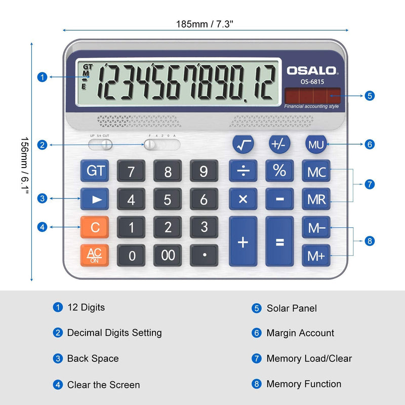 Desktop Calculator Extra Large 5-Inch LCD Display 12-Digit Big Number Accounting Calculator with Giant Response Button, Battery & Solar Powered, Perfect for Office Business Home Daily Use(6815-2pcs) 6815-2pcs