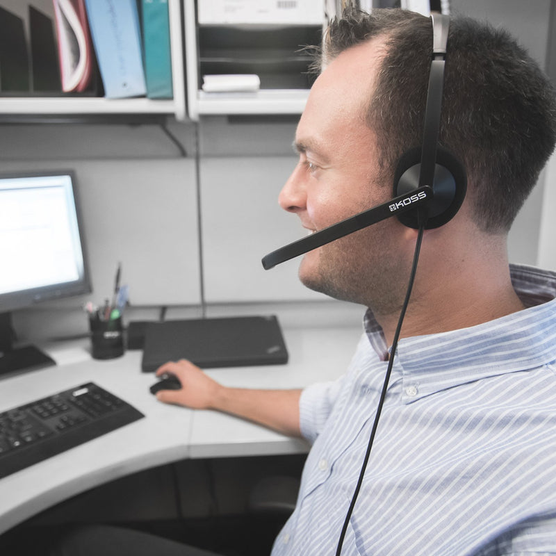 Koss CS200 USB Double-Sided On-Ear Communication Headset, Noise-Cancelling Electret Microphone, Flexible Microphone Arm, Wired with USB Plug, Black