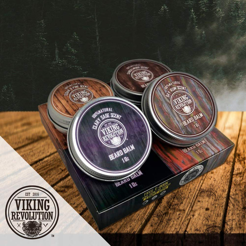 4 Beard Balm Variety Pack (1oz Each)- Sandalwood, Pine & Cedar, Bay Rum, Clary Sage- Styles, Strengthens & Softens Beards & Mustaches - Leave in Conditioner Wax for Men 1 Ounce (Pack of 4)