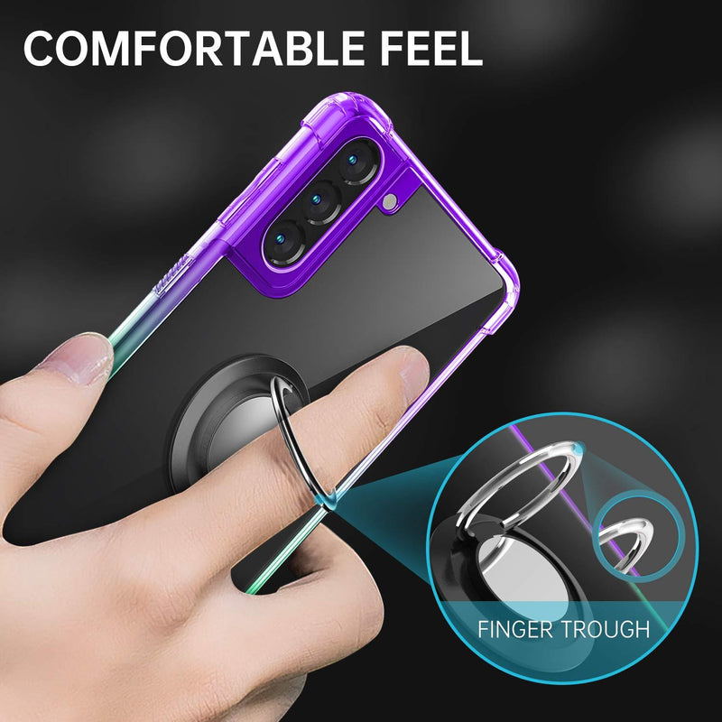 DAUPIN for Galaxy S21 Case Clear with 360 Rotation Metal Ring Holder Stand, Support Magnetic Car Phone Mount Soft TPU Bumper PC Hard Protective Phone Case for Samsung S21 5G 6.2 inch (Purple Green) purple green