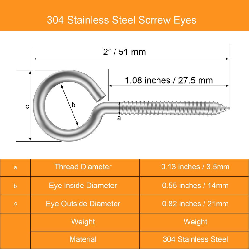20pcs 2” 304 Stainless Screw Eyes Small Eyelet Screws Lag Eyebolt Steel Heavy Duty Hook Duty Lag Thread Eyebolt (20 pcs 2") 20 pcs 2"