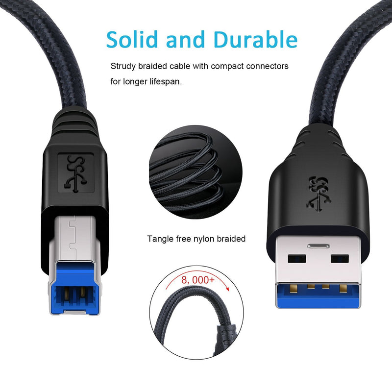 USB 3.0 A to B Cable, Besgoods 2-Pack 6ft Extra Long Braided USB 3.0 Cable A Male to B Male Cable Cords - Black