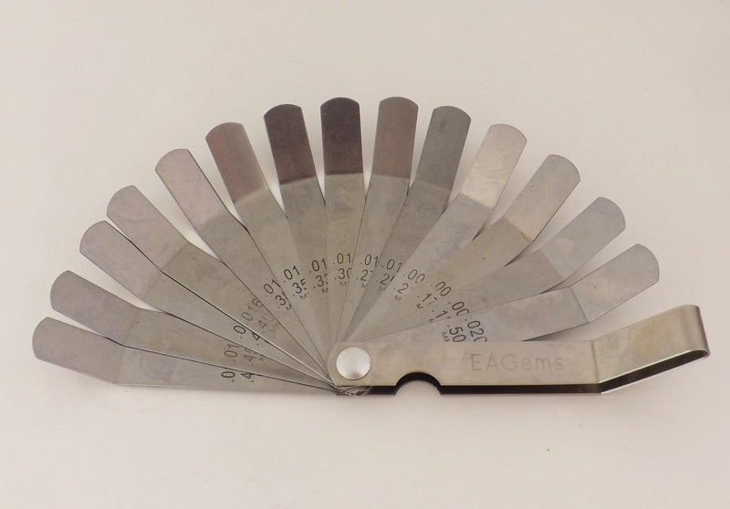 Offset Feeler Gauge Set by EAGems, for Measuring Gap Width or Thickness - Includes 16 Blades Imprinted with Inches and Millimeters, between .005-.020 inch / .127-.508 mm