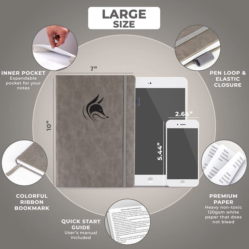 Clever Fox Password Book with tabs. Internet Address and Password Organizer Logbook with Alphabetical tabs. Large Size Password Keeper Journal Notebook for Computer & Website Logins (Grey) Grey Large (7.0 x 10.0 Inch)