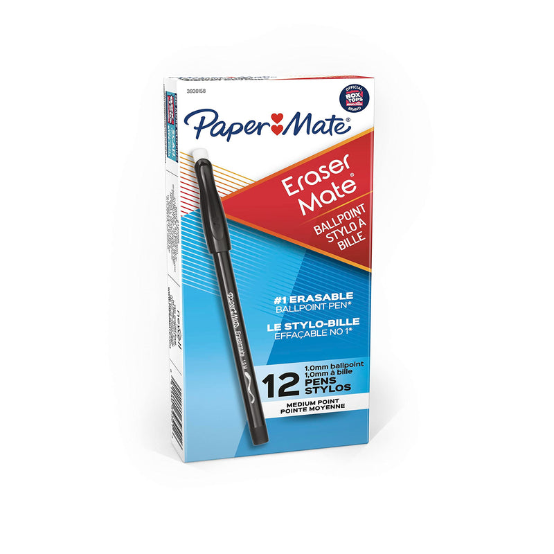 Paper Mate Erasermate Stick Medium Tip Ballpoint Pens, 12 Black Ink Pens 12 Count